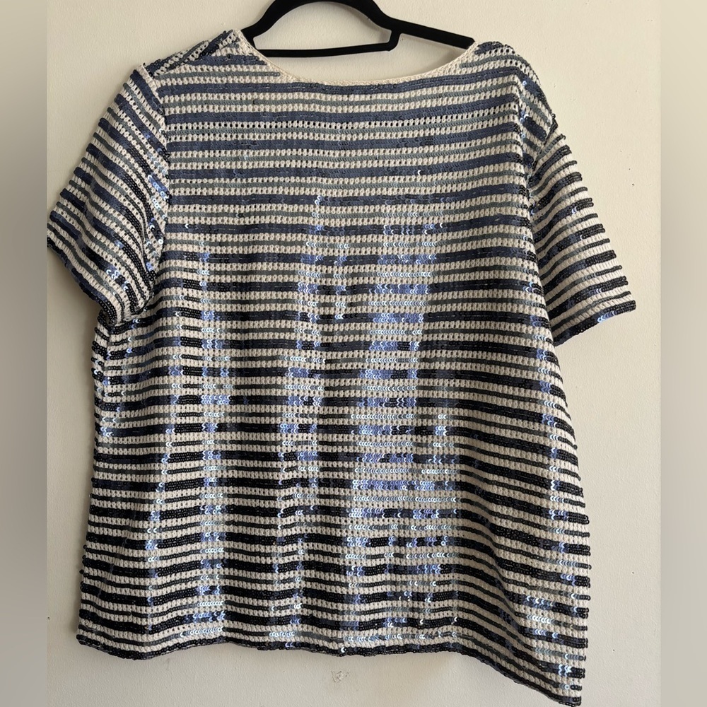 Chico's Knit Navy Blue and White Women’s Sequin Striped Pullover Blouse Size 3